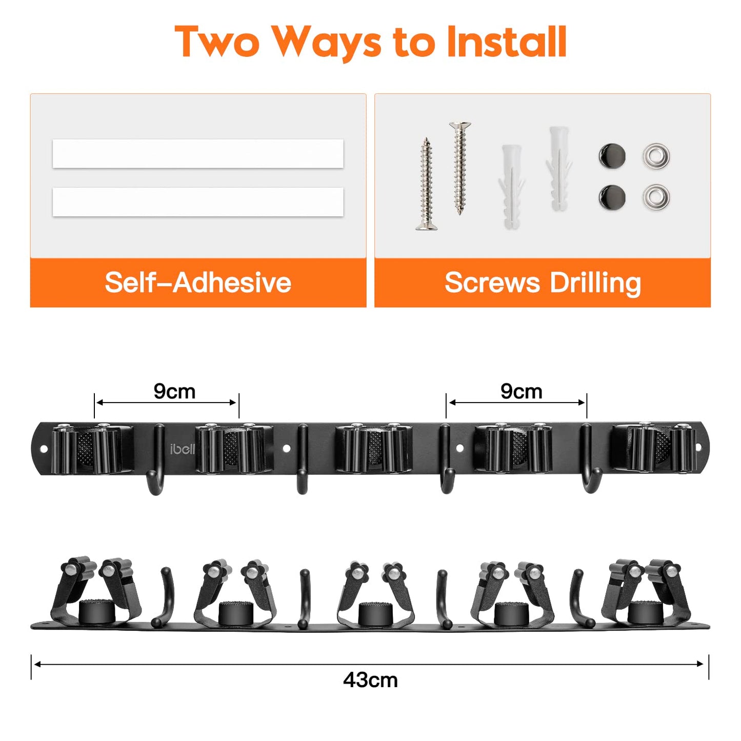 2 pieces of broom holder wall, ibell tool holder stainless steel with 10 slots and 8 hooks, mop holder wall mount garden tool holder wall hook self-adhesive tool holder for bathroom garden garage.