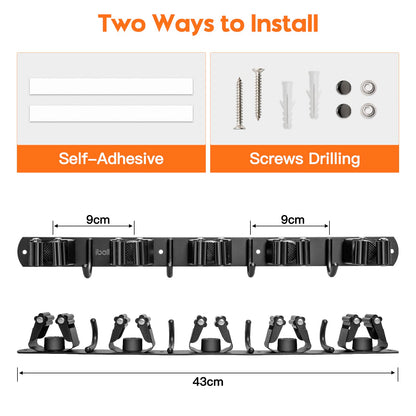 2 pieces of broom holder wall, ibell tool holder stainless steel with 10 slots and 8 hooks, mop holder wall mount garden tool holder wall hook self-adhesive tool holder for bathroom garden garage.