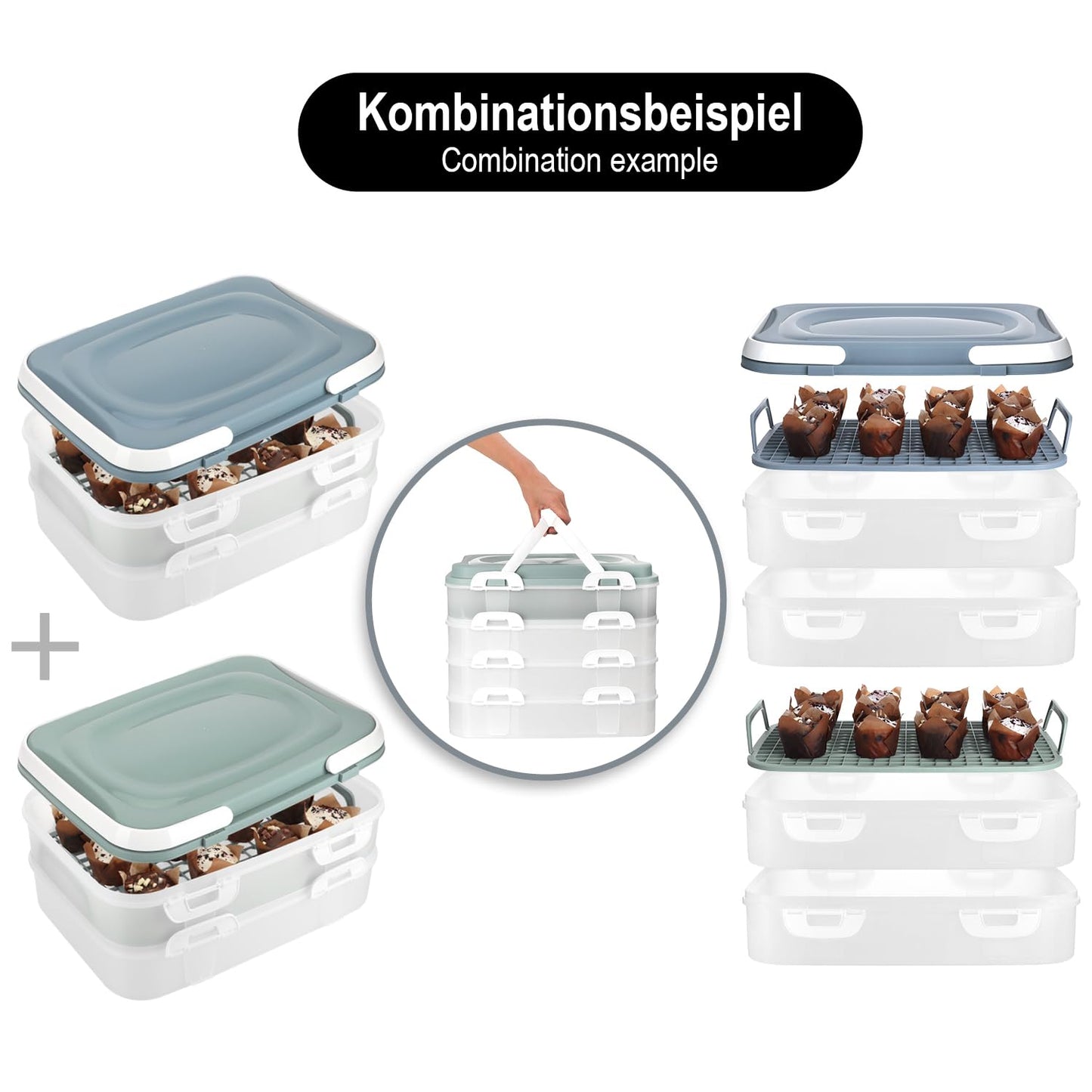 com-four® Party container with 2 levels and lifting insert - cake transport box - food freshness container - cake container with handles - muffin container (1 piece pastel blue-gray)