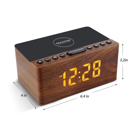 ANJANK Digital Wooden Alarm Clock with Wireless Charging Station, 10W Fast Charger for iPhone/Samsung Galaxy, LED Display with 5-Level Dimmer, USB Charging Port, Clock Radio, No Ticking
