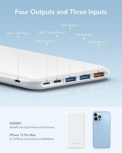 Charmast Power Bank, Ultra Slim Powerbank 26800mAh with 4 outputs & 3 inputs, USB C In & Out External Portable Chargers Compatible with iPhone 16/15/14/13/12 Pro Max Plus iPad Samsung Huawei Tablet (White)