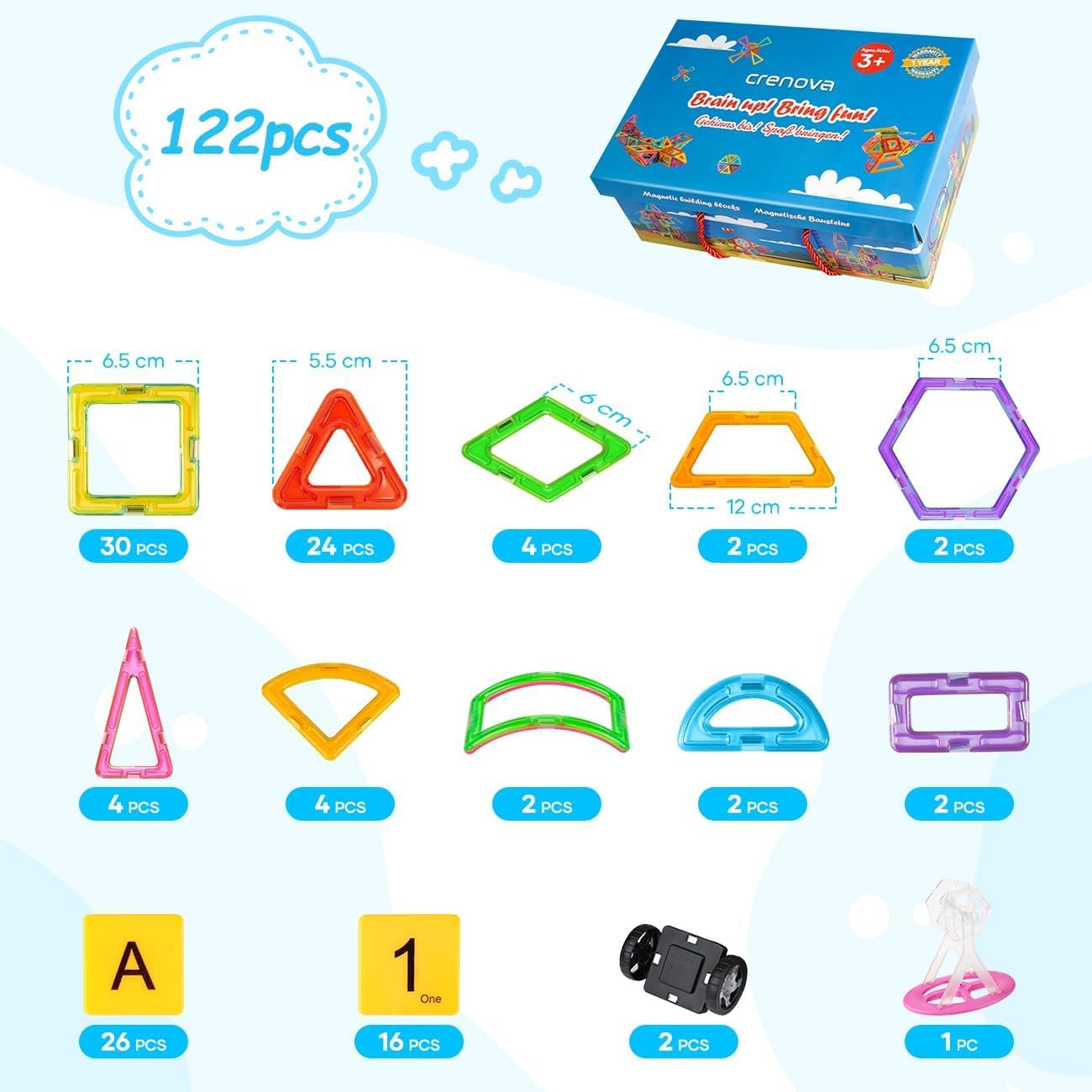 Crenova Magnetic Building Blocks 122 Pieces Magnetic Toy Magnet Blocks Toy for Kids Magnet Toy for Boys and Girls ages 3 4 5 6 7 8
