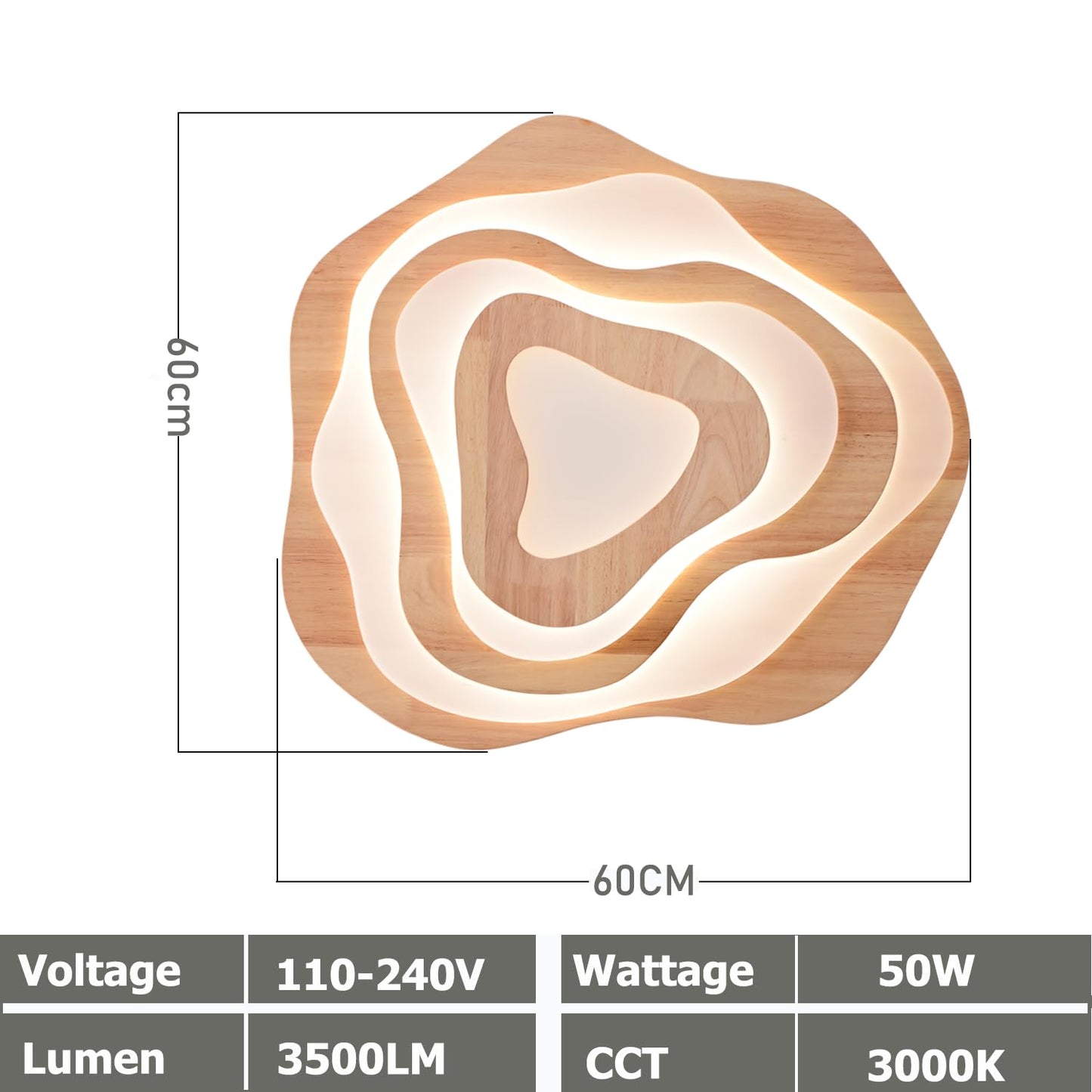 SENFAI LED living room ceiling light wood ceiling lamp 3000K warm white 50W Ø 60cm modern wooden lamp bedroom lamp living room lamp irregular round children's room lamp (not dimmable)
