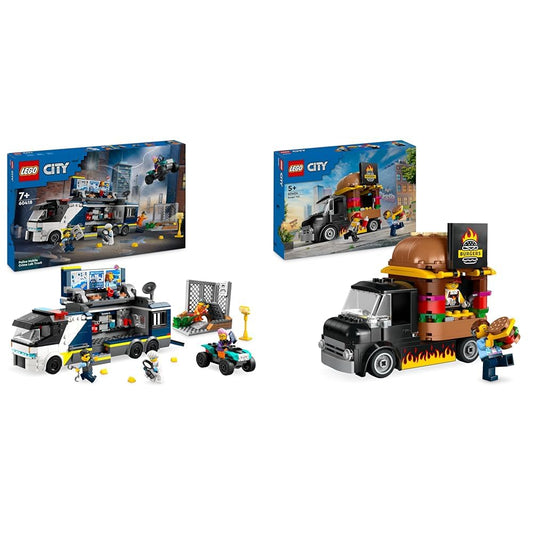LEGO City Police Truck with Lab, Police Set with Quad and Truck Toy for Kids & City Burger Truck, Building Set with Toy Car for 5-year-old Children.