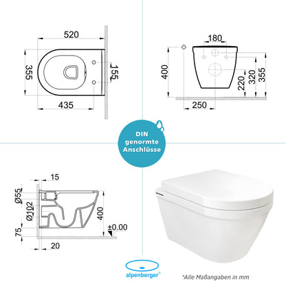 Alpenberger Shower WC | Toilet with intimate shower | Wall-mounted toilet with bidet function | Rimless wall-hung toilet with nano coating | Toilet seat with soft-close function | Compatible with Geberit