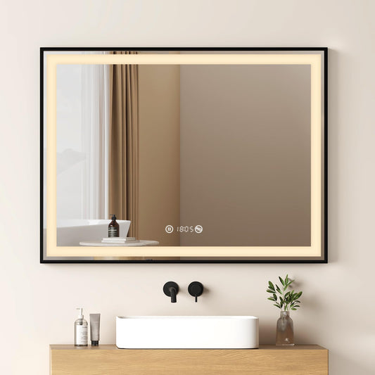 EMKE Bathroom Mirror with Lighting 80x60cm, black with touch control, dimmable, anti-fog, clock, memory function, and neutral light 4300K, energy-saving wall mirror IP44