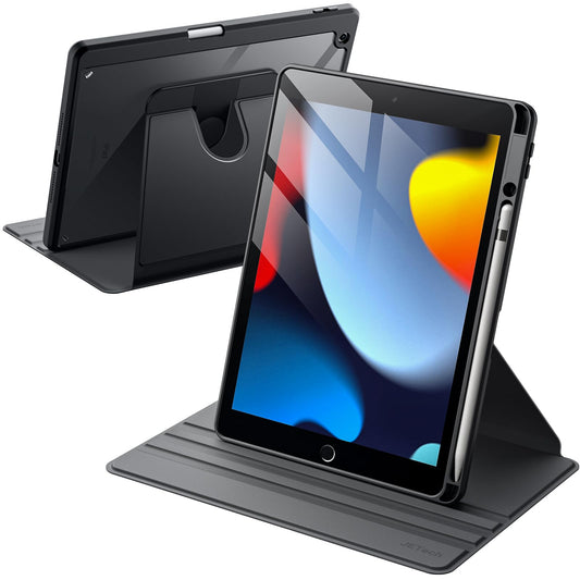Jetech Rotating Case for iPad 9/8/7 (10.2 inch, 2021/2020/2019 model, 9th/8th/7th generation) with Pencil Holder, 360 Degree Rotatable Protective Case Stand, Transparent Back Cover (Black)