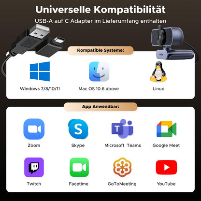 UGREEN UHD Webcam 4K, webcam with microphone and lens cover, PC camera with autofocus, automatic light correction, 70° FOV, USB-A/C connection, for PC/Laptop/Windows/Mac/Linux/Skype/FaceTime.