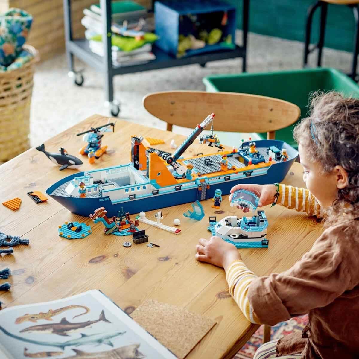 LEGO City Arctic Research Vessel, large floating toy boat with helicopter, dinghy, ROV submarine, Viking shipwreck, 7 minifigures & orca figure, gift for kids aged 7 and up 60368