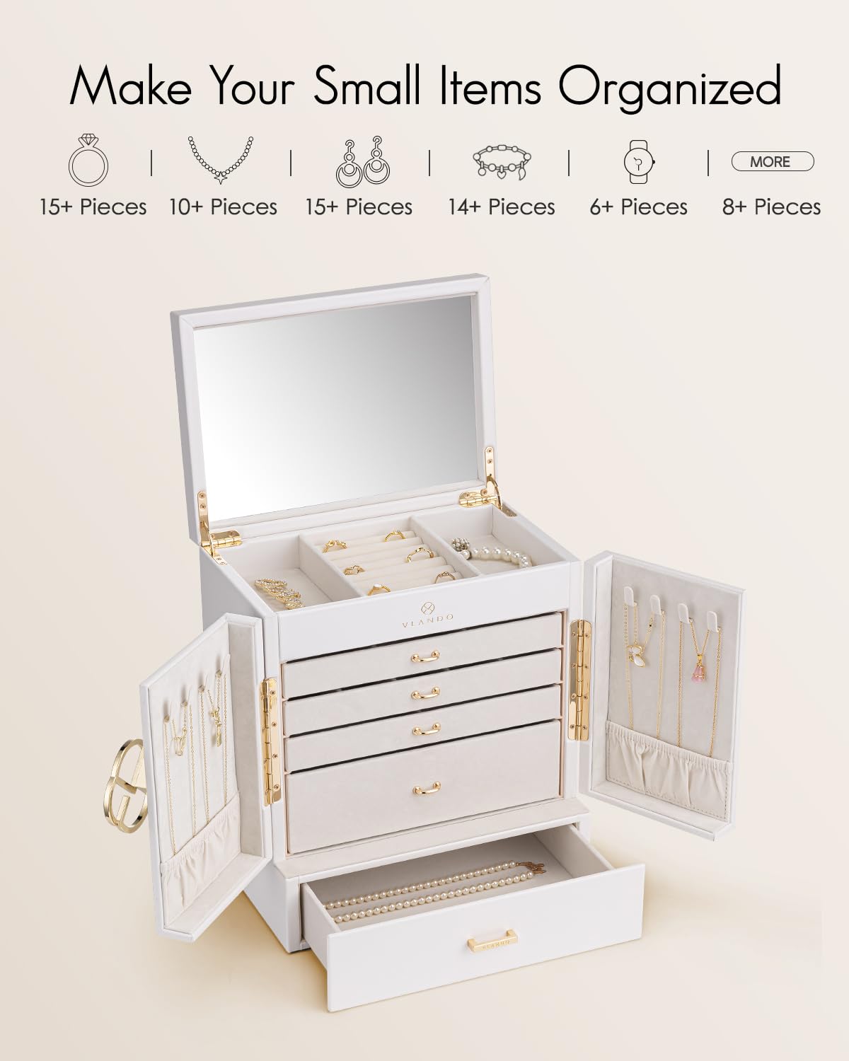 Vlando Jewelry Box Large, French Jewelry Box 6 Layers, Jewelry Organizers Large XXL with Mirror, Drawers, Jewelry Storage for Women, Jewelry Box for Earrings, Necklaces, Watches