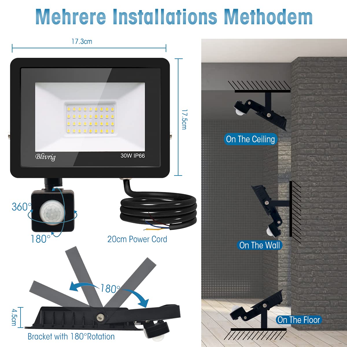 LED floodlights with motion detector 30W 2 pieces, 3000 lumens outdoor light, 6000K cool white LED floodlight with motion detector, outdoor floodlight IP66 waterproof, outdoor lamp for garden, yards, garage, driveway