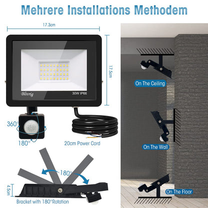 LED floodlights with motion detector 30W 2 pieces, 3000 lumens outdoor light, 6000K cool white LED floodlight with motion detector, outdoor floodlight IP66 waterproof, outdoor lamp for garden, yards, garage, driveway