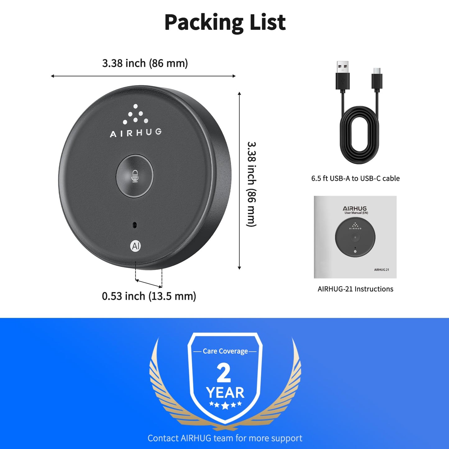 AIRHUG USB microphone, speakerless, desktop computer microphone, mute button with LED indicator, AI noise reduction, plug & play, omnidirectional condenser, PC laptop microphones, for