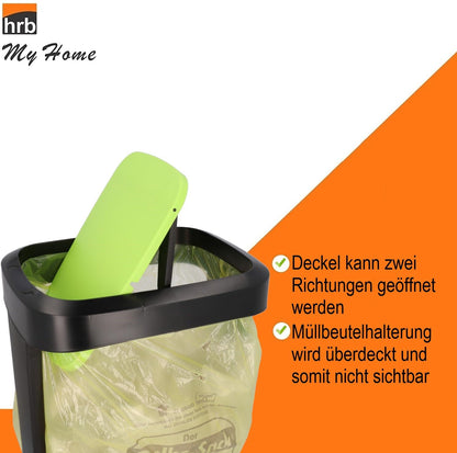 Yellow Bag Stand with swinging lid, sturdy kitchen trash can for 70-120L garbage bags, perfect for collecting deposit bottles, high-quality trash bag stand for household and commercial use.