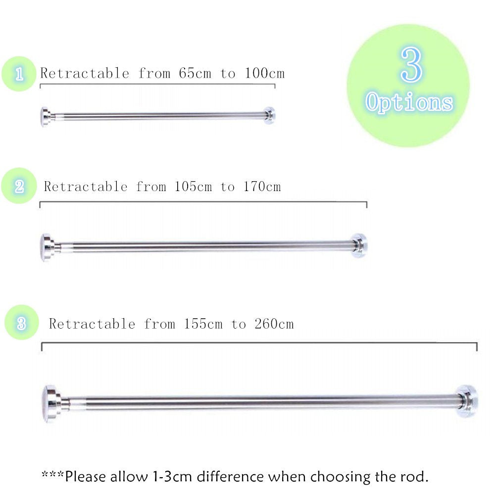Telescopic stainless steel shower curtain rod 155-260cm, secure grip without drilling, silver clothes rail