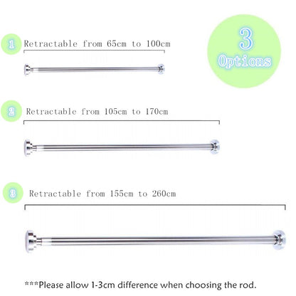 Telescopic stainless steel shower curtain rod 155-260cm, secure grip without drilling, silver clothes rail