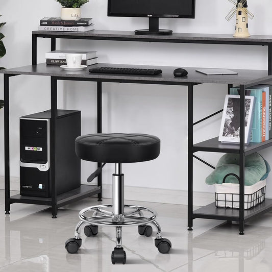 KKTONER Rolling Stool Work Stool Bar Stool height adjustable 49-64cm swivel in faux leather Black
