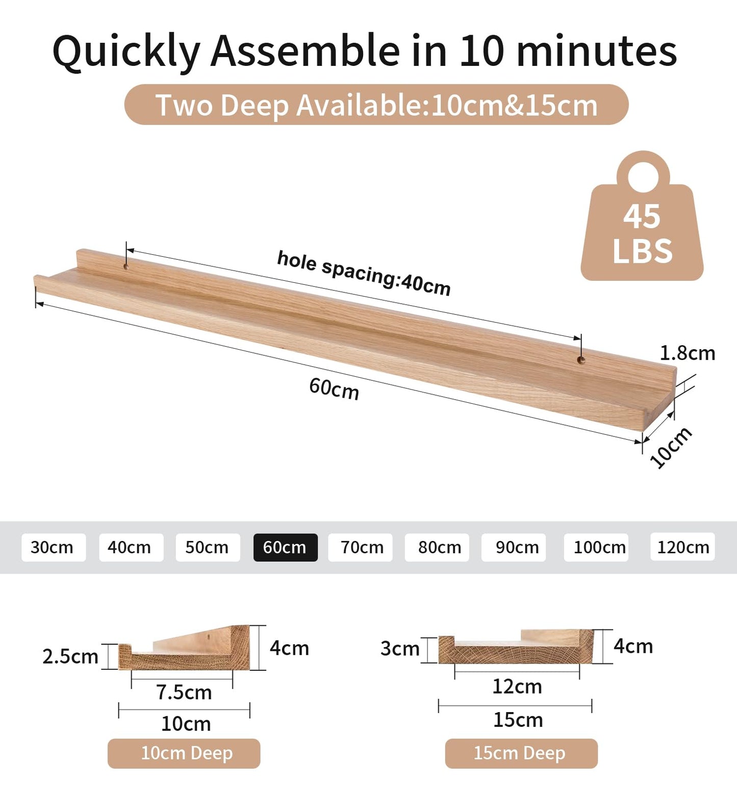Gieanoo picture ledge wood, 60cm oak shelf solid floating shelf wall shelf spice rack shelf board hanging shelf Ideal for living room bedroom bathroom