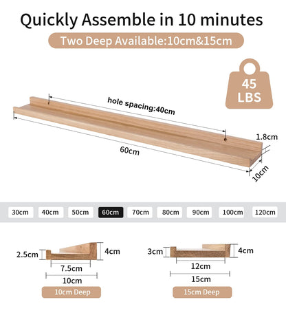 Gieanoo picture ledge wood, 60cm oak shelf solid floating shelf wall shelf spice rack shelf board hanging shelf Ideal for living room bedroom bathroom
