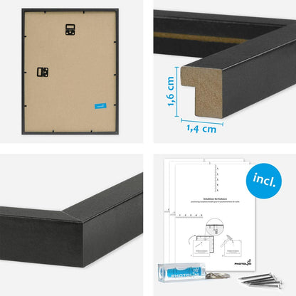 PHOTOLINI black picture frame set various sizes, 14 black wood MDF picture frames with acrylic glass, hanging picture frame set with accessories for photos & posters.