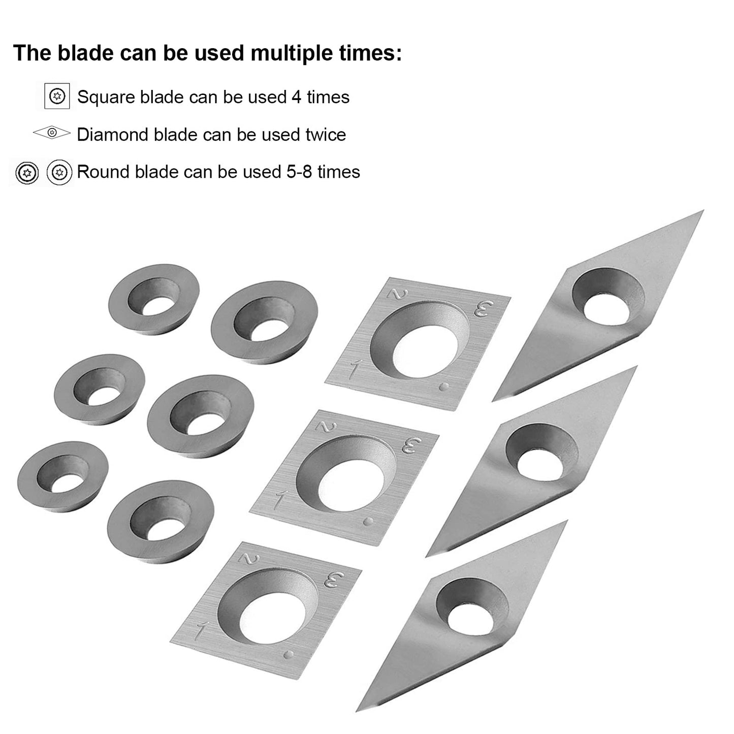 Carbide insert set for turning tools, 8 pieces CNC carbide insert cutter for wood lathe tool with M4 screws, carbide inserts (square, round, diamond)