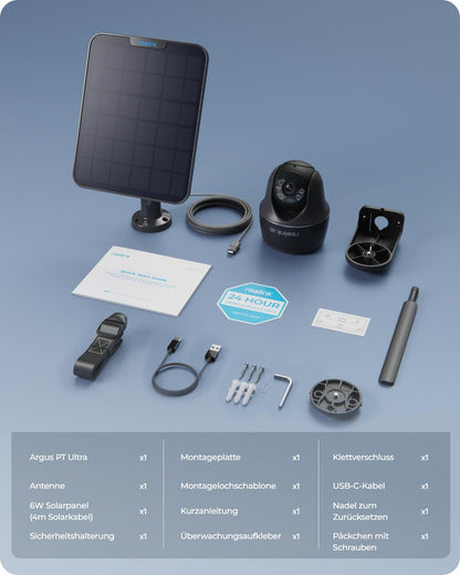 Reolink 4K outdoor surveillance camera with solar panel, 360°/140° pan/tilt, spotlight, color night vision, 2.4/5GHz WiFi, AI detection, Argus PT Ultra (Black) + solar panel.