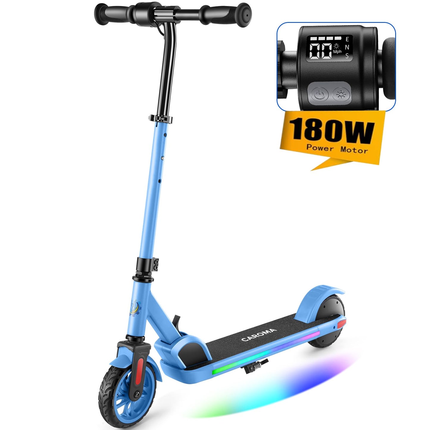 Caroma electric scooter for kids aged 6-14, 180W motor, 16 km/h, 60 min ride time, Adjustable speed & height, Colorful lights, LED display, Foldable kids electric scooter.