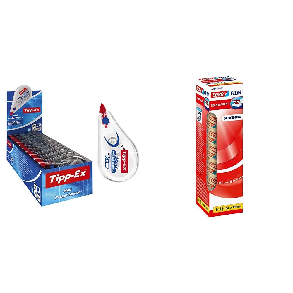 Tipp-Ex Mini Pocket Mouse Correction Tape, 10 rollers in convenient display box, 6m x 5mm, perfect for home office or desk, bulk pack & Tesafilm 8X TRANSPARENT 10M x 19MM.
