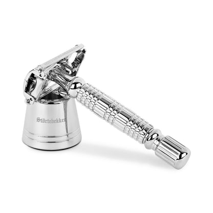 Störtebekker® Premium Safety Razor 'Hamburg' in set with razor stand 'Hamburg' - Silver - high-quality accessory for your bathroom - non-slip base - sturdy stand - 125g - gift idea