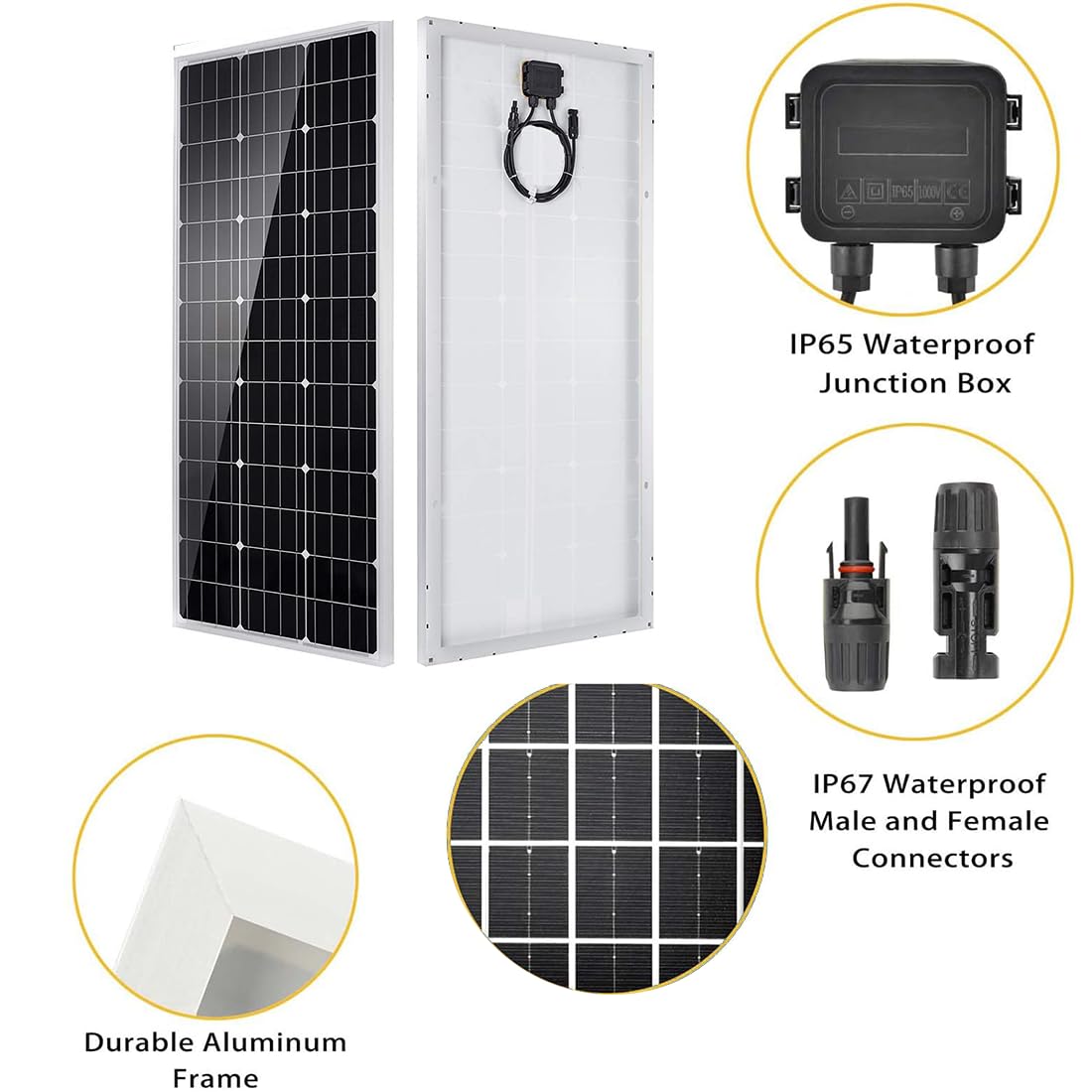 100W 12V Solar Panel Monocrystalline 100 Watt PV Module for 12 Volt Batteries Caravan Motorhome Boat Yacht RV Roof Mounts Off Grid