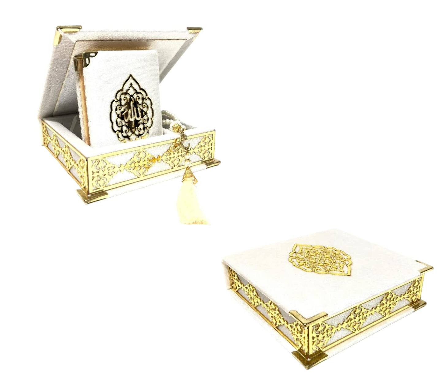 Prien Velvet Quran Islam Tasbeeh Set, Islamic Gifts for Eid Ramadan, Elegant Portable Box, Muslim Home Decor with Women, Qur'an, Muslim Prayer Beads for Mosque, Praying, Umrah (Ecru)