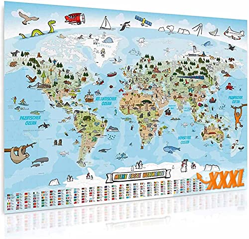 Panorama world map for kids XXXL - 160 x 120 cm Children's world map completely hand-drawn and colored.
