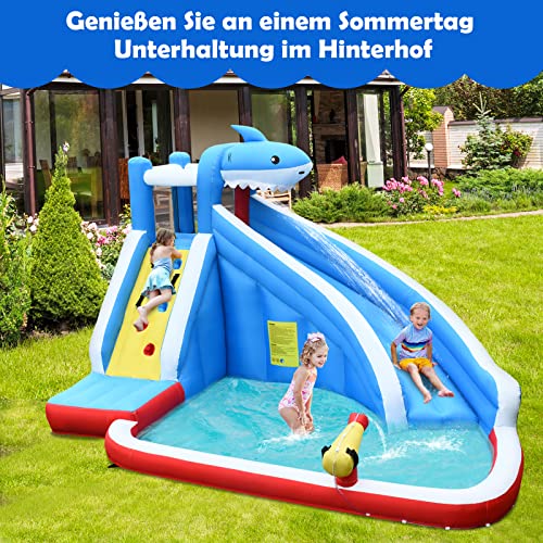 GOPLUS Inflatable Bounce House, Water Park with Slide/Climbing Wall/Basketball Hoop/Splash Pool, for Kids 4-12 Years, Kids Play Pool with Carrying Bag, 390x305x240cm (Shark, With Blower)
