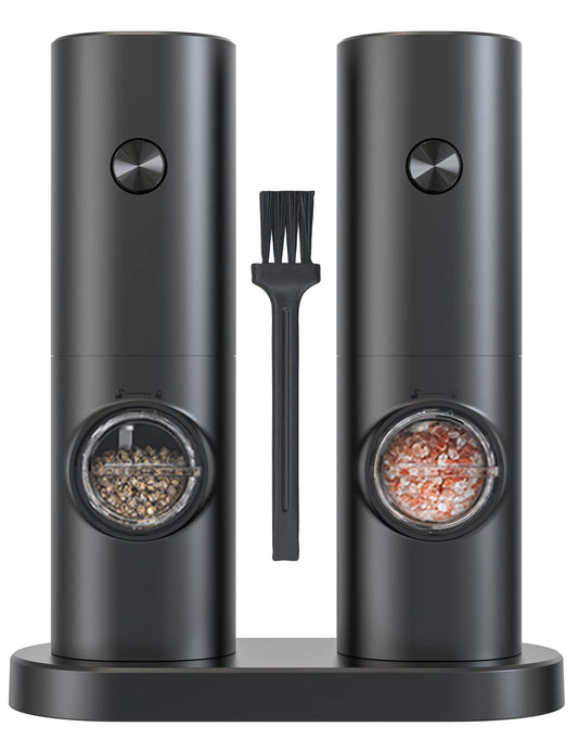 IraXpro Electric Salt and Pepper Grinder 2 Pack with Base, LED Light, Battery Operated, Ceramic Grinding Mechanism with Adjustable Coarseness, Salt and Pepper Grinder for BBQ, Kitchen (Black-Battery Operated)