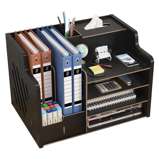 Wooden desktop organizer, large capacity, tidy storage holder, DIY office supplies, storage box for A4 papers, documents, and notebooks (JB07 Black).