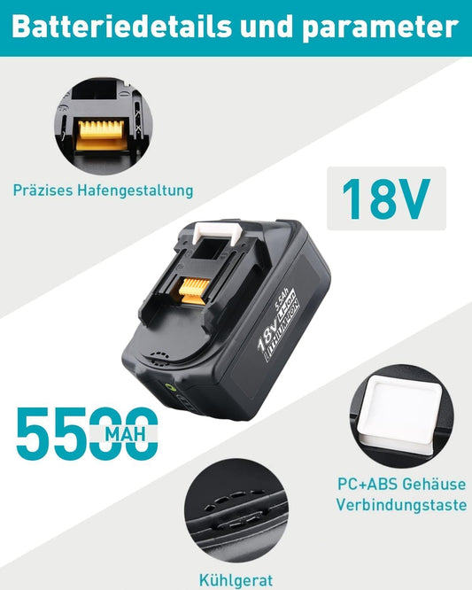Replacement battery for Makita 18V BL1850B 5.5Ah with charger. Replacement for charger 18V DC18RC. Compatible with Makita 14.4V-18V BL1860 BL1850B BL1815 BL1430B BL1415 tool battery.