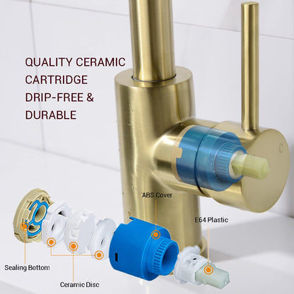 TRUSTMI Brass Faucet Single Handle High Arc Kitchen Sink Faucet Swivel C-Spout, Brushed Gold