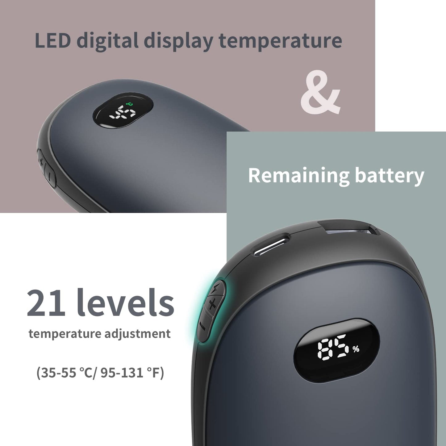 Unigear Hand Warmer 10000mAh Fast Charging Rechargeable, Electric Portable USB Pocket Warmer Powerbank with 21 heat levels from 35-55°C & digital screen for Raynauds, Outdoor, Hunting, Camping.