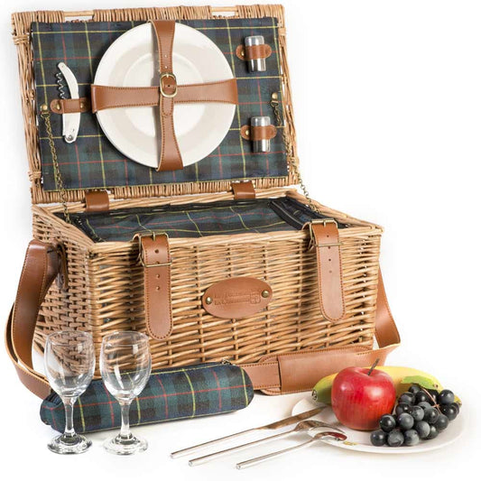 Les Jardins de la Comtesse - Picnic Basket Trianon Green - Leather Straps - Complete for 2 People - Cooler Compartment - Ceramic Plates and Wine Glasses - 40 x 30 x 23 cm