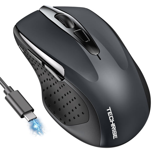 TechRise Bluetooth Mouse, 2.4G Wireless Mouse (BT 5.0/3.0 + 2.4G) 4800 DPI Rechargeable Ergonomic Mouse with USB-A Receiver, 6 Levels DPI Quiet Wireless Mouse for Laptops, Computer, PC, Windows, Gray