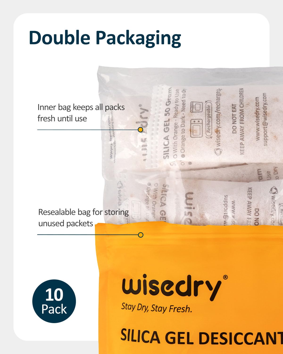 wisedry 50g [10 packs] Silica Gel Bag Microwave Rechargeable Dessicant Bag with indicator for Closet Gun Safes Bathroom Food Grade