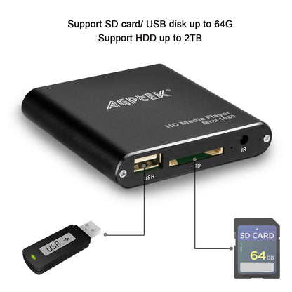 AGPTEK Mini 1080P Full HD Digital Media Player with remote control for MP3, WMA, OGG, AAC, FLAC, APE, AC3, DTS, ATRA - Supports HDMI CVBS & YPbPr video output (Black).