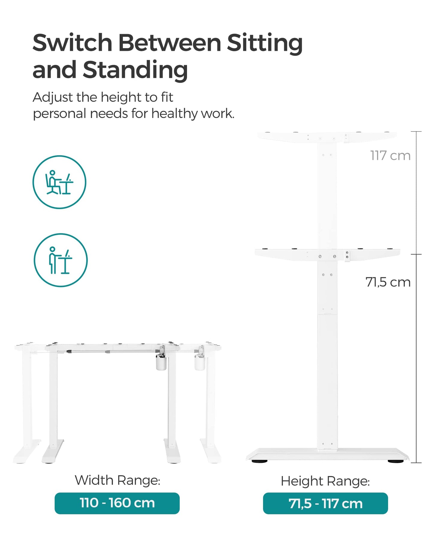 SONGMICS electric height adjustable desk frame, desk stand, without tabletop, with hooks, infinitely adjustable, memory function, steel, white LSD018W01