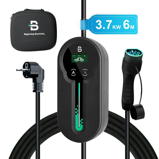 Beny Type 2 Charging Cable 6m - 3.68kw Portable Charging Cable Electric Car Type 2 Schuko for Electric Vehicles, IP66 Waterproof Mobile Wall Box with LED Display Adjustable Time Delay & Carrying Bag