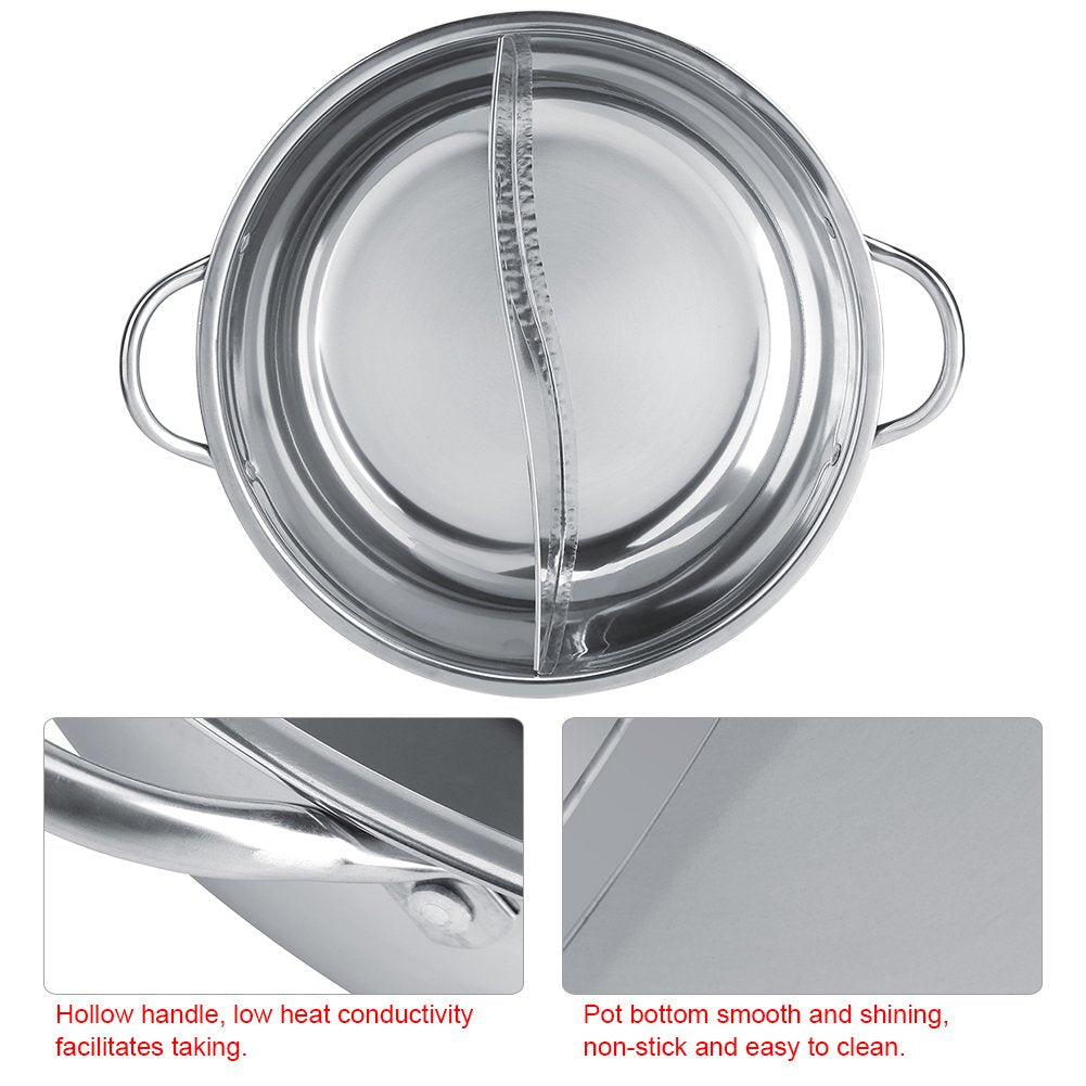 Chinese Hot Pot, Two Room Shabu-Shabu Stainless Steel Pot Deep Pot for 4-5 people, used with induction cooker/gas stove/electric oven/ceramic hob - Silver (34cm)