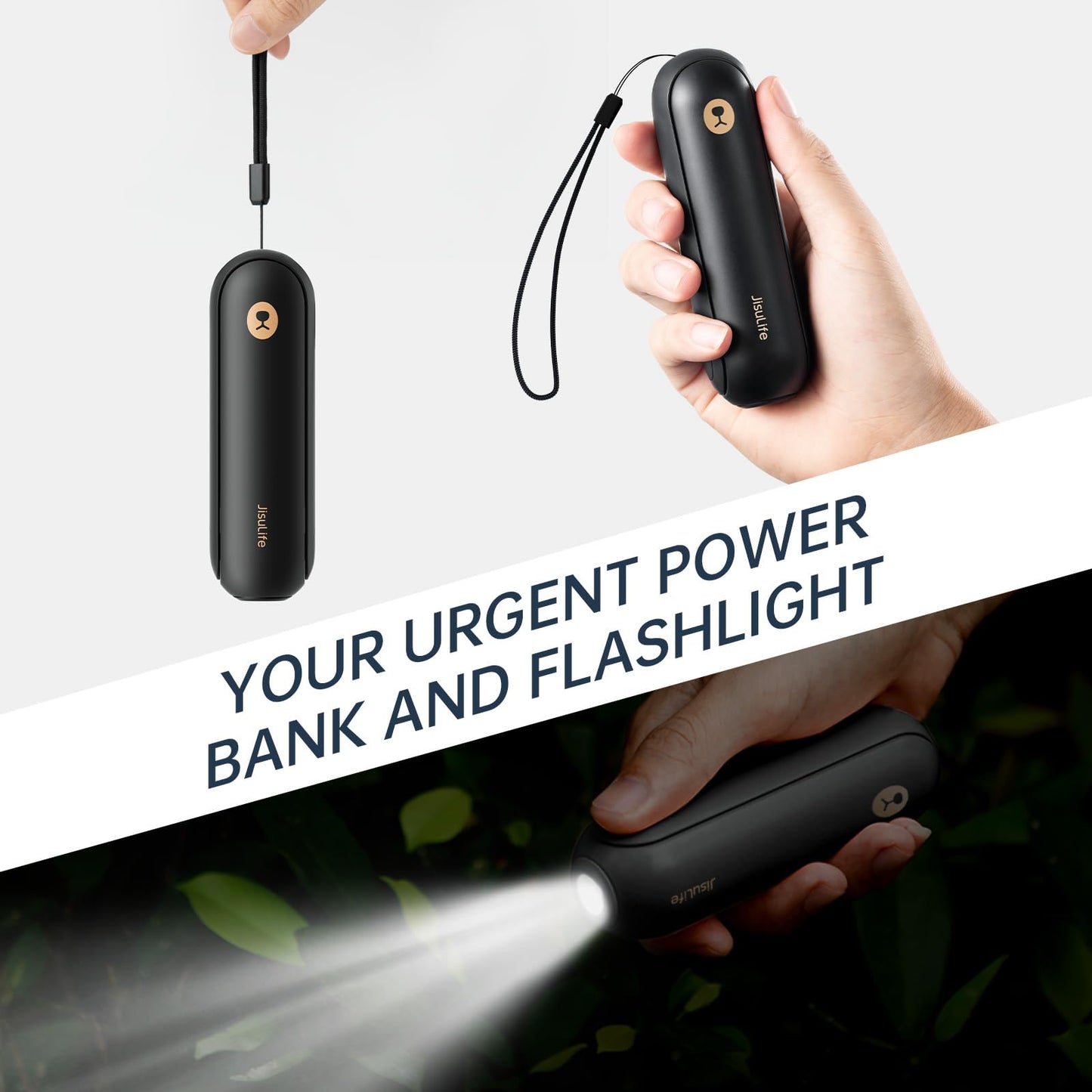 JISULIFE Hand Fan, Mini Portable Handheld Fan, Battery Operated [14-21 Hours], Rechargeable, Foldable USB Fan, Quiet Personal Fan with Power Bank, Flashlight - Black