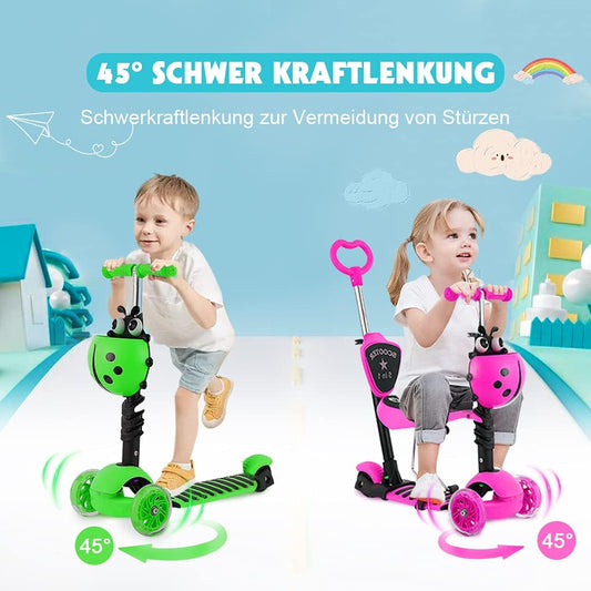 YOLEO 5-in-1 Kids Scooter with Removable Cartoon Basket Seat Push Handle LED Big Wheels Comfortable Backrest Height Adjustable Handlebar for Toddlers Boys Girls from 2 Years (Pink)