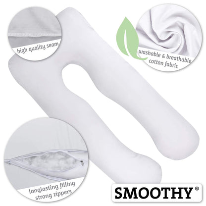 SMOOTHY Pregnancy Pillow, Side Sleeper Pillow, Support Pillow, Baby Pillow & Nursing Pillow in U-shape with removable & washable cover made of 100% cotton (Junior XL, 120 x 70 cm, White)