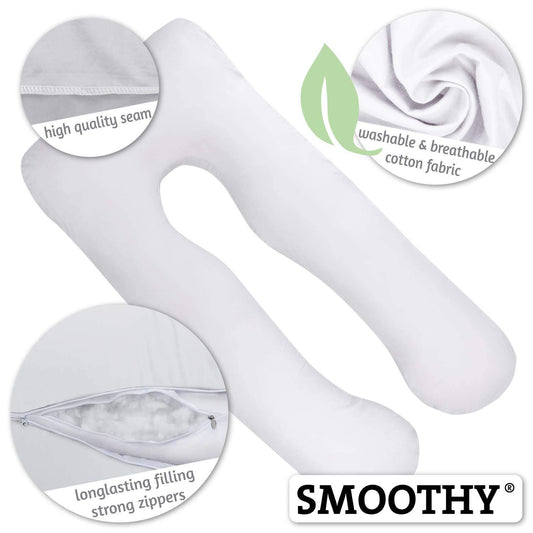 SMOOTHY Pregnancy Pillow, Side Sleeper Pillow, Support Pillow, Baby Pillow & Nursing Pillow in U-shape with removable & washable cover made of 100% cotton (Junior XL, 120 x 70 cm, White)