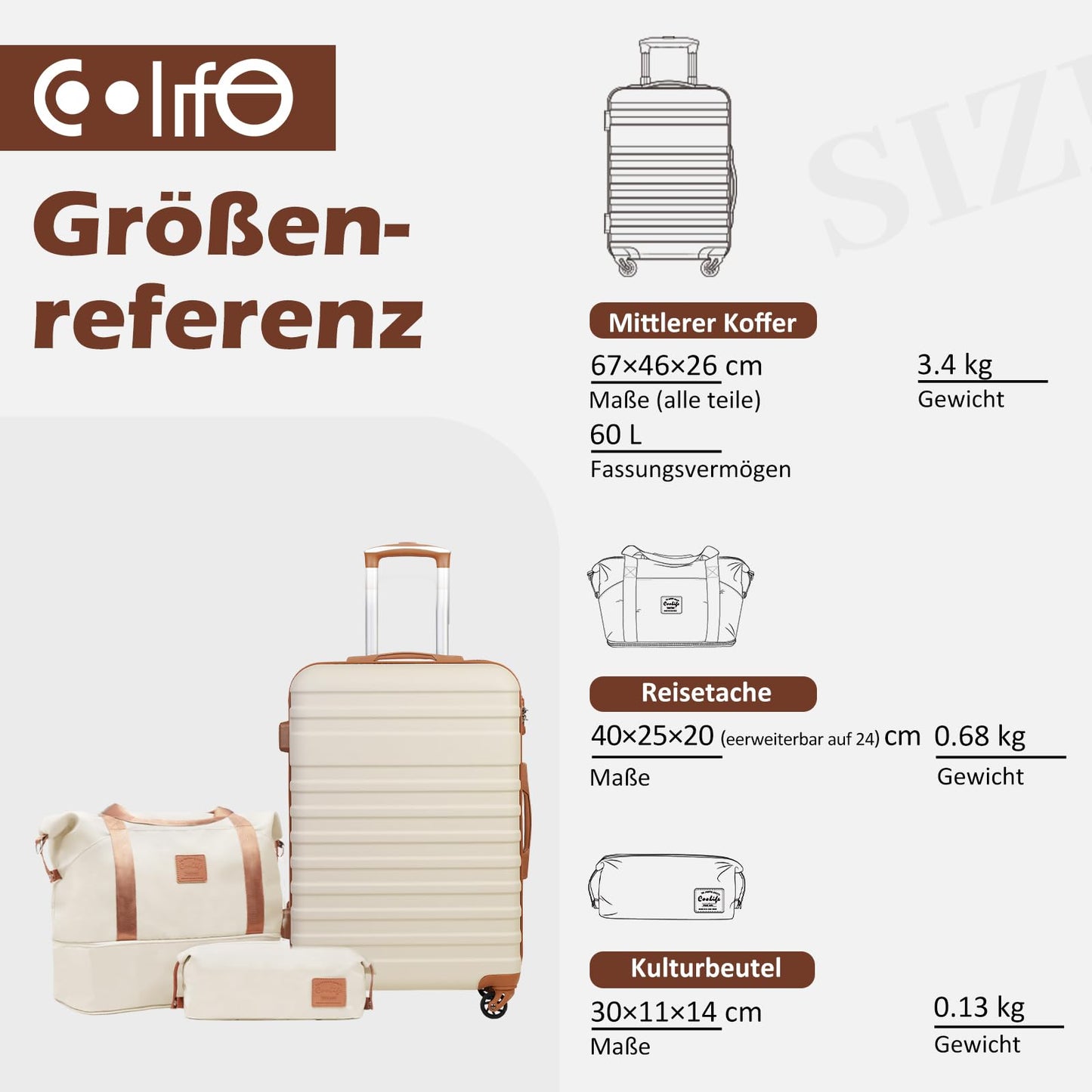 COOLIFE suitcase trolley made of ABS hard shell, with 4 wheels and TSA lock. The suitcase includes 1 travel bag and 1 toiletry bag.